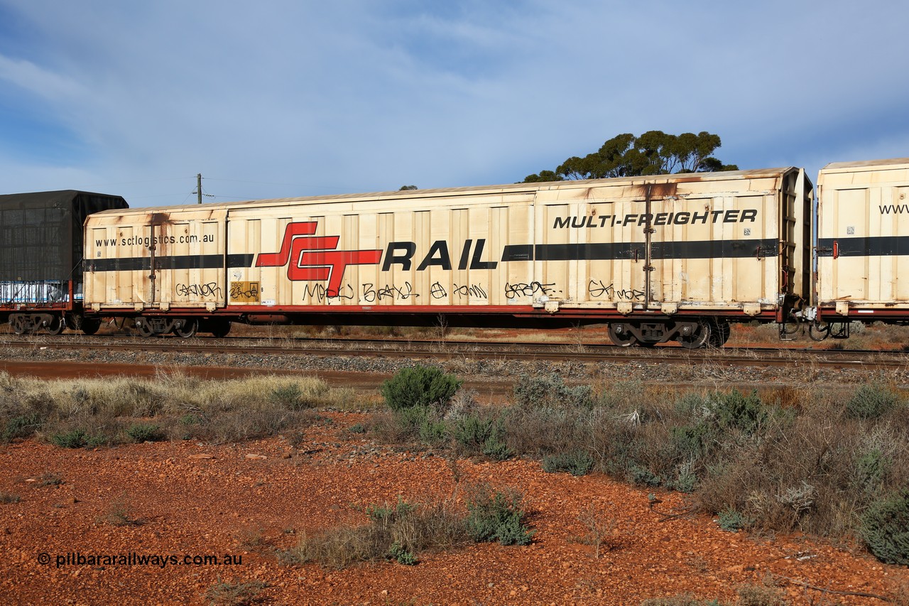 160523 2840
Parkeston, SCT train 7GP1 which operates from Parkes NSW (Goobang Junction) to Perth, PBGY type covered van PBGY 0024 Multi-Freighter, one of eighty two waggons built by Queensland Rail Redbank Workshops in 2005.
Keywords: PBGY-type;PBGY0024;Qld-Rail-Redbank-WS;