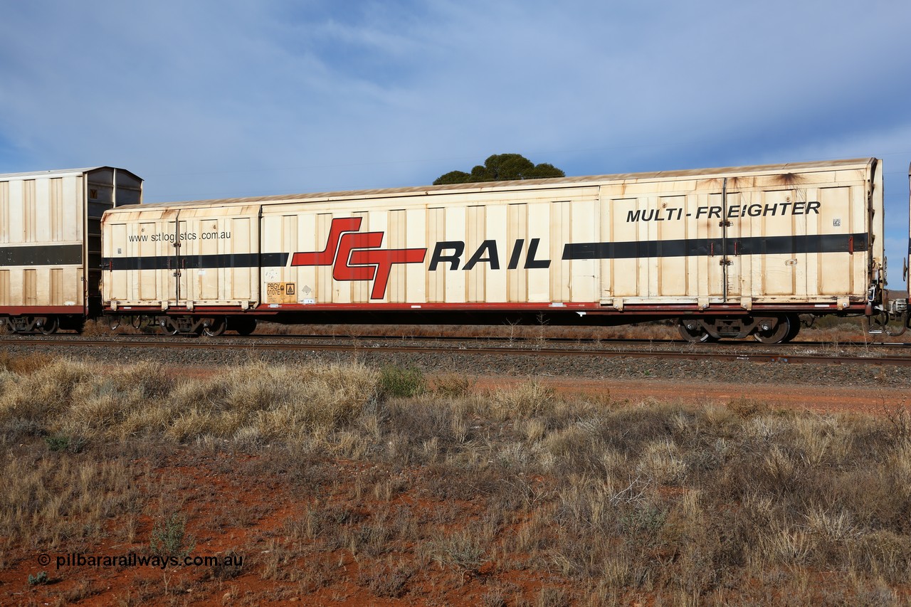 160523 2844
Parkeston, SCT train 7GP1 which operates from Parkes NSW (Goobang Junction) to Perth, PBGY type covered van PBGY 0107 Multi-Freighter, one of eighty units built by Gemco WA.
Keywords: PBGY-type;PBGY0107;Gemco-WA;