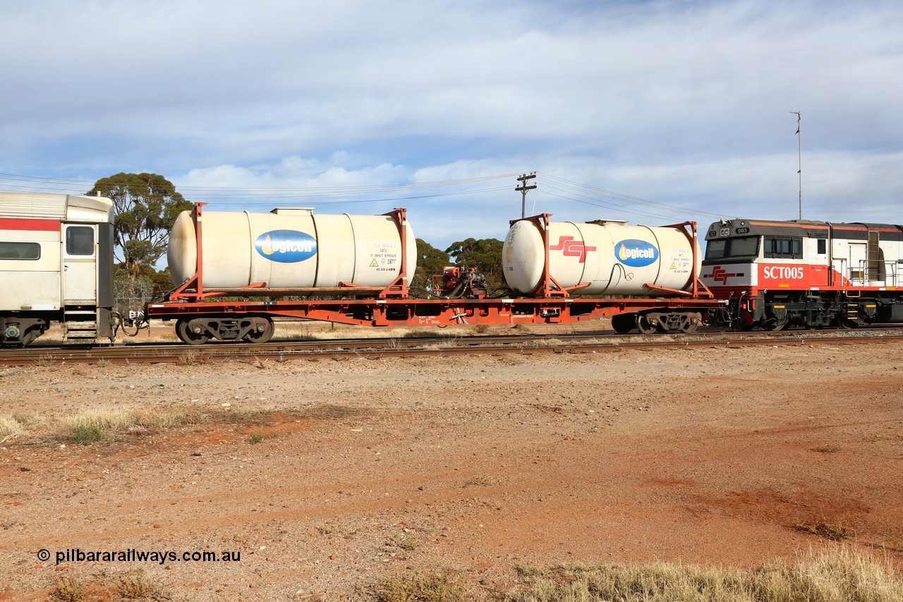160523 2873
Parkeston, SCT train 7GP1 which operates from Parkes NSW (Goobang Junction) to Perth, SCT inline refuelling waggon PQFY type PQFY 4209 originally built by Carmor Engineering SA in 1976 for Commonwealth Railways as RMX type container waggon, with SCT - Logicoil AMT5 type tank-tainers TILU 102033 and TILU 102023.
Keywords: PQFY-type;PQFY4209;Carmor-Engineering-SA;RMX-type;