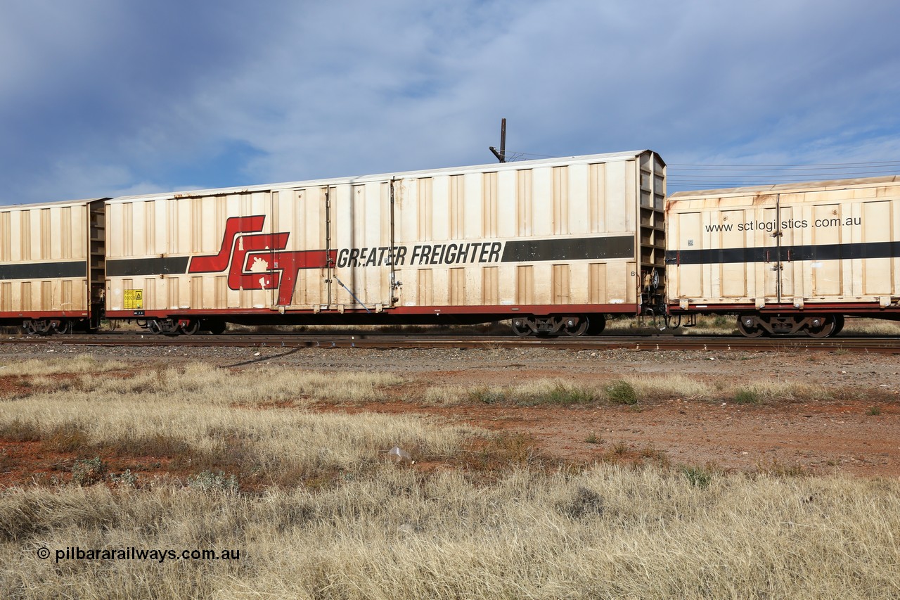 160523 2874
Parkeston, SCT train 7GP1 which operates from Parkes NSW (Goobang Junction) to Perth, PBHY type covered van PBHY 0002 Greater Freighter, one of thirty five units built by Gemco WA in 2005.
Keywords: PBHY-type;PBHY0002;Gemco-WA;