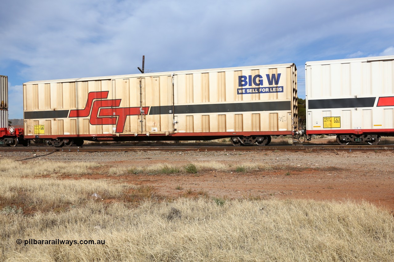 160523 2900
Parkeston, SCT train 7GP1 which operates from Parkes NSW (Goobang Junction) to Perth, PBHY type covered van PBHY 0022 Greater Freighter, one of thirty five units built by Gemco WA in 2005 without the Greater Freighter signage but with Big W We Sell For Less logo.
Keywords: PBHY-type;PBHY0022;Gemco-WA;