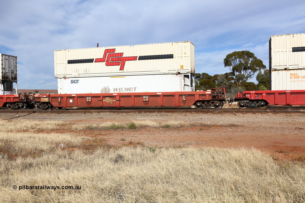 160523 2902
Parkeston, SCT train 7GP1 which operates from Parkes NSW (Goobang Junction) to Perth, PWWY type PWWY 0002 one of forty well waggons built by Bradken NSW for SCT, loaded with a 46' MFRG SCF reefer SCFU 814042 with former owner Wilmot Freeze Haul still visible and a 48' MFG1 type SCT box SCTDS 4866.
Keywords: PWWY-type;PWWY0002;Bradken-NSW;