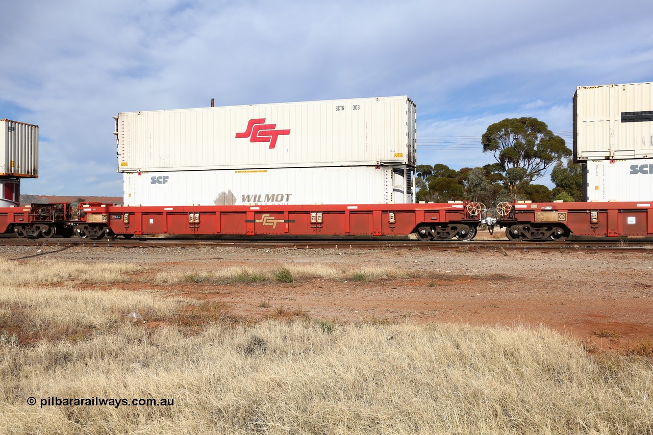 160523 2903
Parkeston, SCT train 7GP1 which operates from Parkes NSW (Goobang Junction) to Perth, PWWY type PWWY 0015 one of forty well waggons built by Bradken NSW for SCT, loaded with a 46' MFRG SCF reefer SCFU 814060 with former owner Wilmot Freeze Haul still visible and a 48' SCT reefer SCTR 303.
Keywords: PWWY-type;PWWY0015;Bradken-NSW;