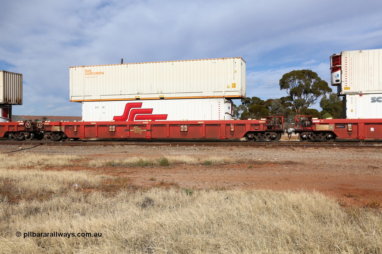 160523 2904
Parkeston, SCT train 7GP1 which operates from Parkes NSW (Goobang Junction) to Perth, PWWY type PWWY 0016 one of forty well waggons built by Bradken NSW for SCT, loaded with a 40' RFRA type SCT reefer SCTR 144 and a 48' MFG1 type Rail Containers box SCFU 412579.
Keywords: PWWY-type;PWWY0016;Bradken-NSW;