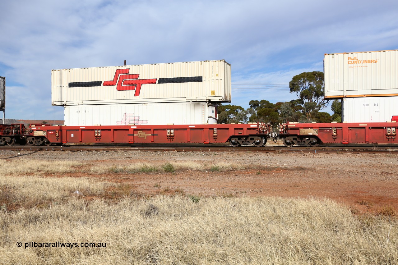 160523 2905
Parkeston, SCT train 7GP1 which operates from Parkes NSW (Goobang Junction) to Perth, PWWY type PWWY 0024 one of forty well waggons built by Bradken NSW for SCT, loaded with a 40' RFRA type SCT reefer SCTR 110 and a 48' MFG1 type SCT box SCTDS 4823.
Keywords: PWWY-type;PWWY0024;Bradken-NSW;