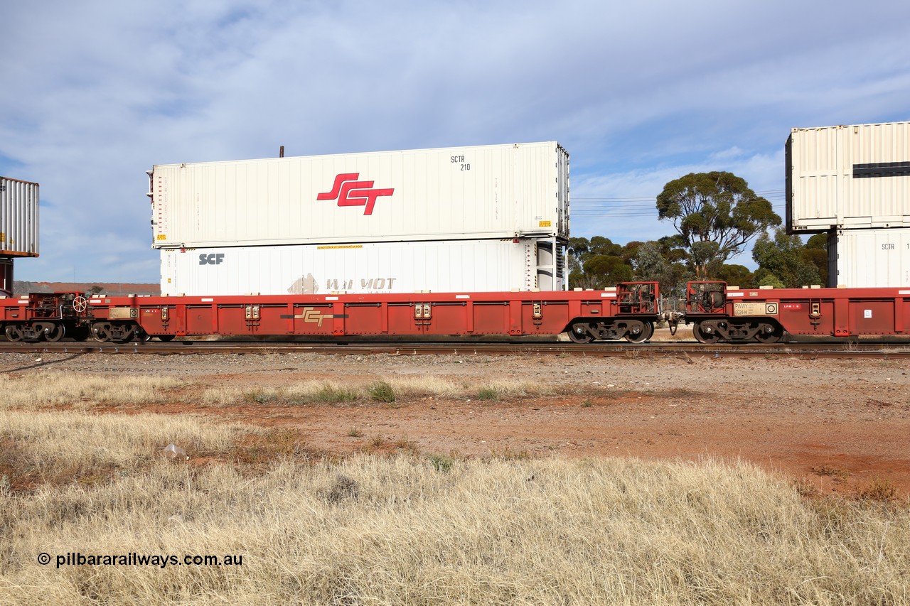 160523 2906
Parkeston, SCT train 7GP1 which operates from Parkes NSW (Goobang Junction) to Perth, PWWY type PWWY 0009 one of forty well waggons built by Bradken NSW for SCT, loaded with a 46' MFRG SCF reefer SCFU 814055 with former owner Wilmot Freeze Haul still visible and a 48' SCT reefer SCTR 210.
Keywords: PWWY-type;PWWY0009;Bradken-NSW;