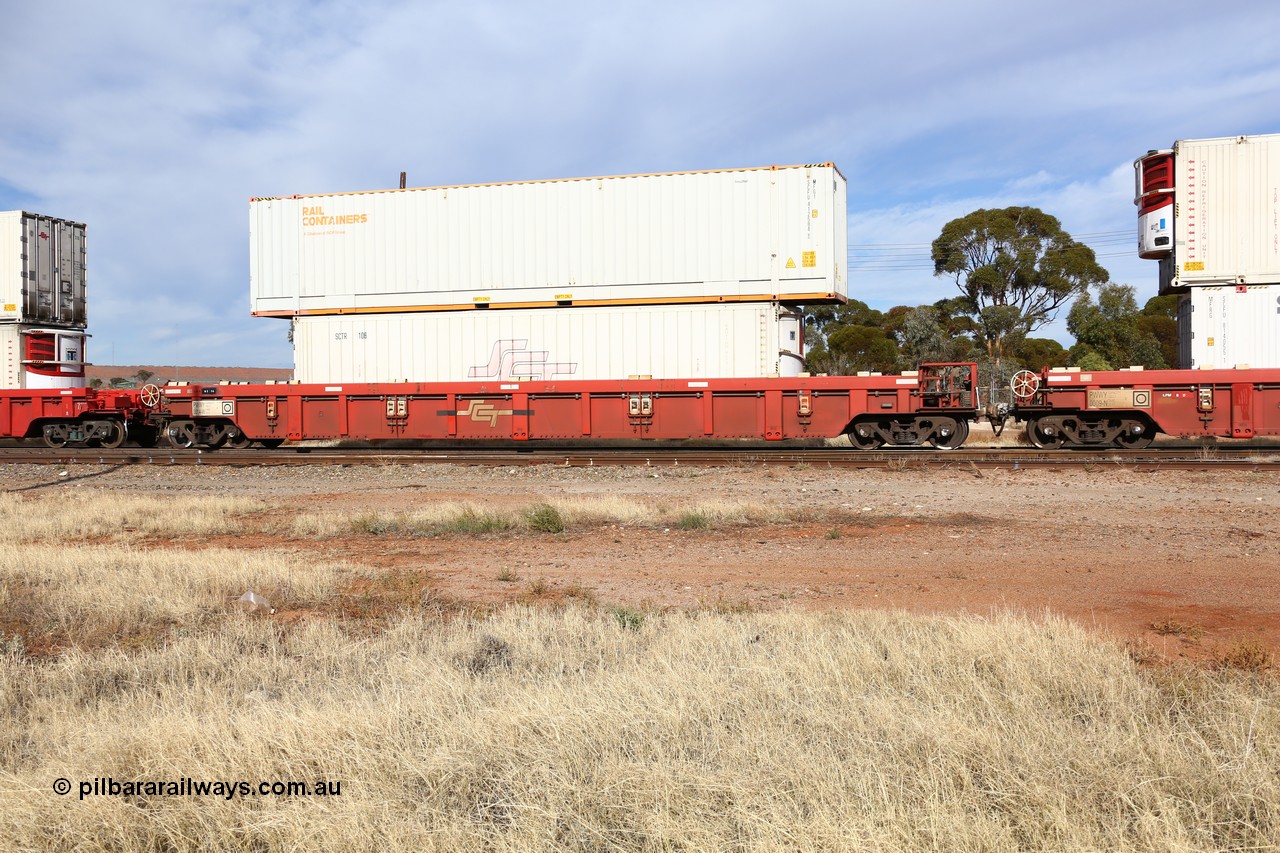 160523 2907
Parkeston, SCT train 7GP1 which operates from Parkes NSW (Goobang Junction) to Perth, PWWY type PWWY 0014 one of forty well waggons built by Bradken NSW for SCT, loaded with a 40' RFRA type SCT reefer SCTR 106 and a 48' MFG1 type Rail Containers box SCFU 412584.
Keywords: PWWY-type;PWWY0014;Bradken-NSW;