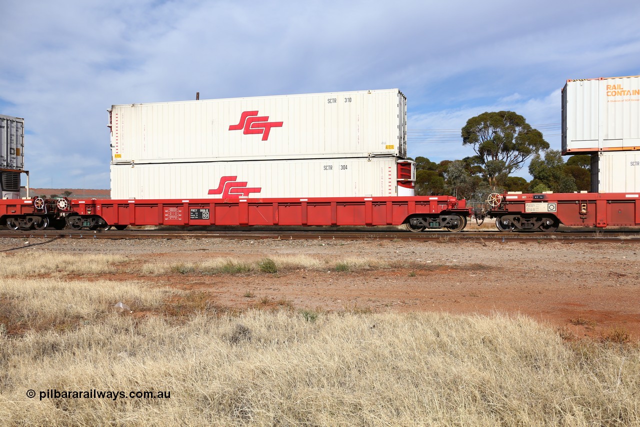 160523 2908
Parkeston, SCT train 7GP1 which operates from Parkes NSW (Goobang Junction) to Perth, PWXY type PWXY 0006 one of twelve well waggons built by CSR Meishan Rolling Stock Co of China for SCT in 2008, loaded with two 48' SCT reefer containers SCTR 304 and SCTR 310.
Keywords: PWXY-type;PWXY0006;CSR-Meishan-China;