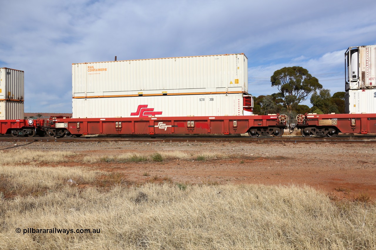 160523 2912
Parkeston, SCT train 7GP1 which operates from Parkes NSW (Goobang Junction) to Perth, PWWY type PWWY 0007 one of forty well waggons built by Bradken NSW for SCT, loaded with a 48' SCT reefer SCTR 308 and a 48' MFG1 type Rail Containers box SCFU 412550.
Keywords: PWWY-type;PWWY0007;Bradken-NSW;