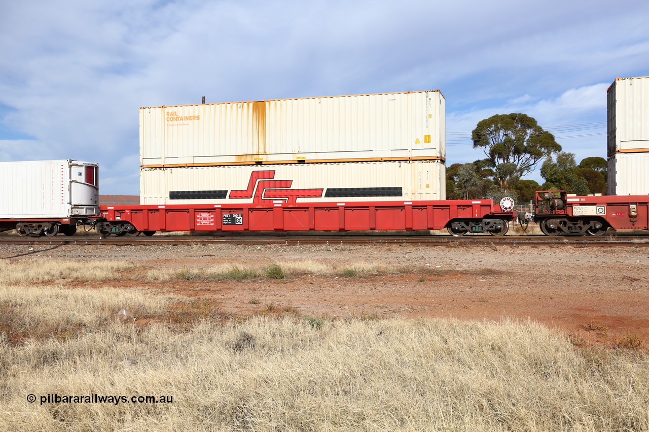 160523 2913
Parkeston, SCT train 7GP1 which operates from Parkes NSW (Goobang Junction) to Perth, PWXY type PWXY 0004 one of twelve well waggons built by CSR Meishan Rolling Stock Co of China for SCT in 2008, loaded with two 48' MFG1 type containers, SCTDS 4856 and Rail Containers SCFU 412562.
Keywords: PWXY-type;PWXY0004;CSR-Meishan-China;