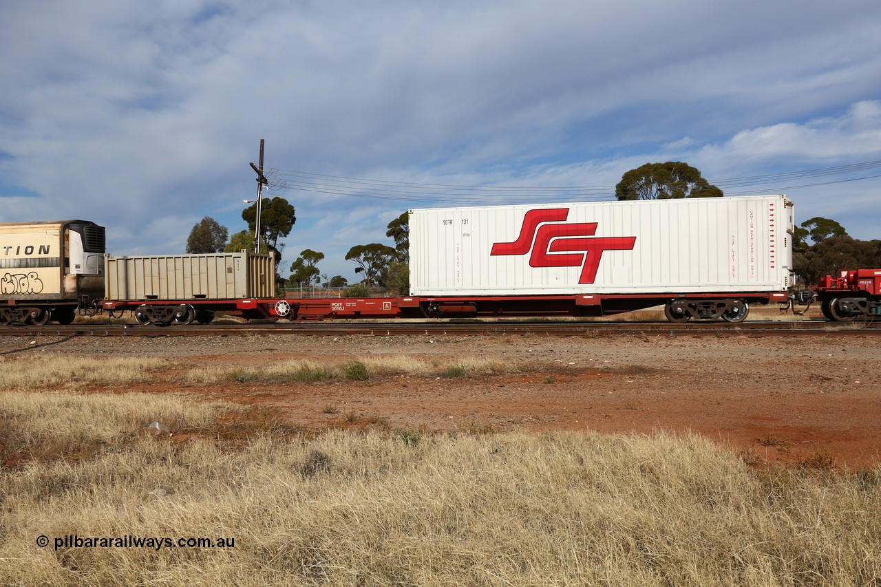 160523 2914
Parkeston, SCT train 7GP1 which operates from Parkes NSW (Goobang Junction) to Perth, PQIY type PQIY 0016 one of forty 80' container waggons built by Gemco WA, loaded with a 40' RFRA type reefer SCTR 131 and an open top half height container WH 24.
Keywords: PQIY-type;PQIY0016;Gemco-WA;