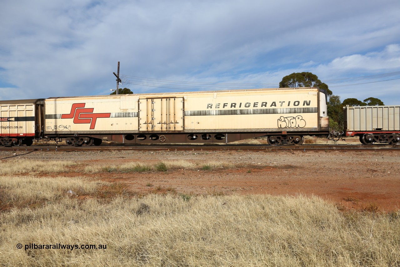 160523 2915
Parkeston, SCT train 7GP1 which operates from Parkes NSW (Goobang Junction) to Perth, ARFY type ARFY 2253 refrigerated van with a Ballarat built Maxi-CUBE fibreglass body that has been fitted to an Comeng Victoria built ROX type flat waggon from 1970 that was in service with Commonwealth Railways and recoded to AQOY.
Keywords: ARFY-type;ARFY2253;Maxi-Cube;Comeng-Vic;ROX-type;AQOX-type;