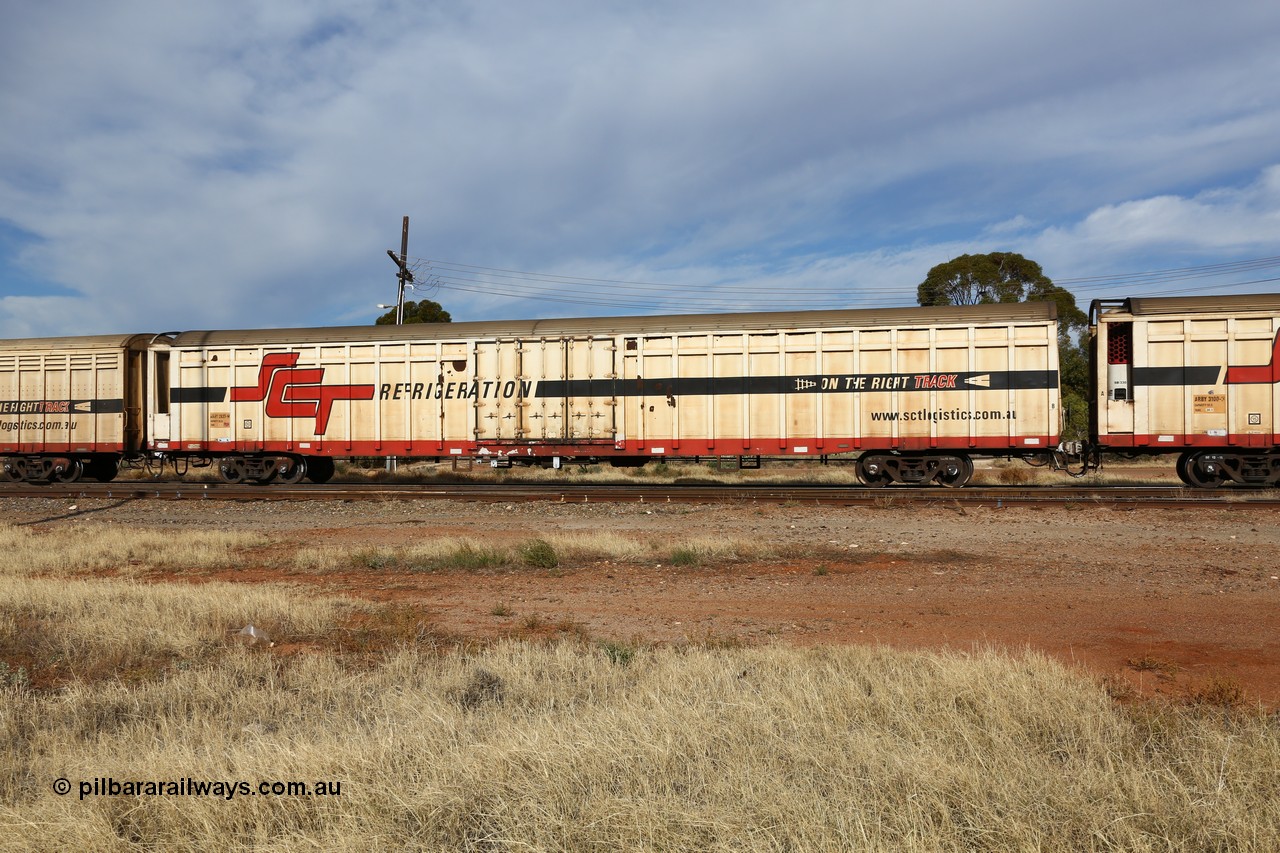 160523 2917
Parkeston, SCT train 7GP1 which operates from Parkes NSW (Goobang Junction) to Perth, ARBY type ARBY 2837 refrigerated box van converted by Gemco WA from former ANR Carmor Engineering SA 1976 built VFX type covered van which were recoded to ABFX/Y in later years.
Keywords: ARBY-type;ARBY2837;Carmor-Engineering-SA;VFX-type;ABFY-type;Gemco-WA;