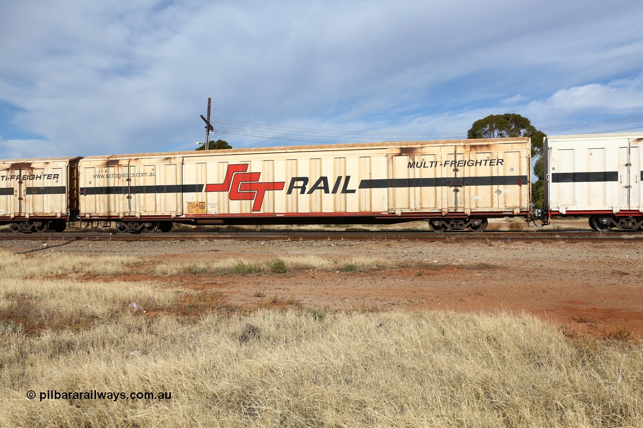 160523 2920
Parkeston, SCT train 7GP1 which operates from Parkes NSW (Goobang Junction) to Perth, PBGY type covered van PBGY 0108 Multi-Freighter with Independent Brake signage, one of eighty units built by Gemco WA.
Keywords: PBGY-type;PBGY0108;Gemco-WA;