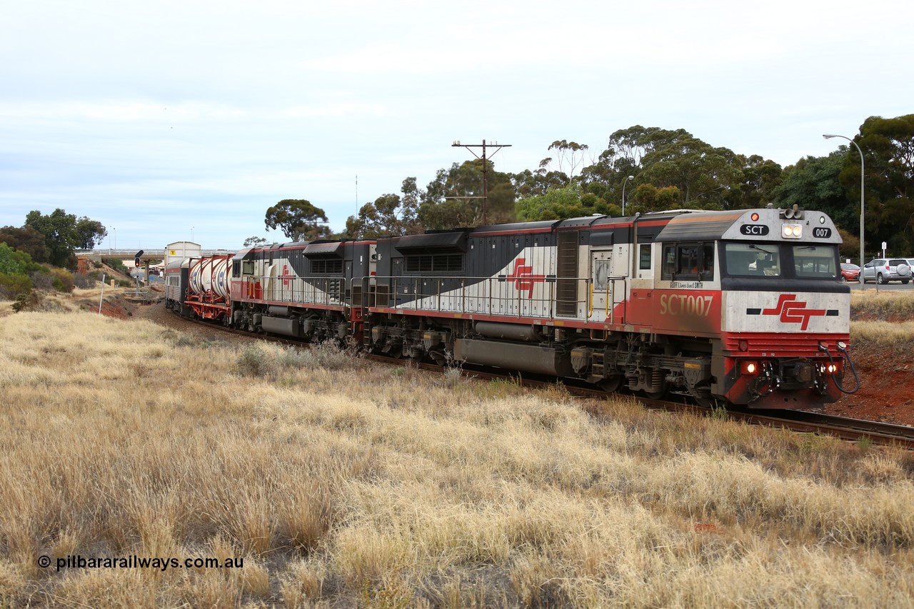 160524 3647
Kalgoorlie, SCT train 2PM9 operating from Perth to Melbourne, with 64 waggons for 2661 tonnes and 1566 metres with EDI Downer built EMD model GT46C-ACe unit SCT 007 'Geoff (James Bond) Smith' serial 97-1731 leading SCT 010.
Keywords: SCT-class;SCT007;07-1731;EDI-Downer;EMD;GT46C-ACe;