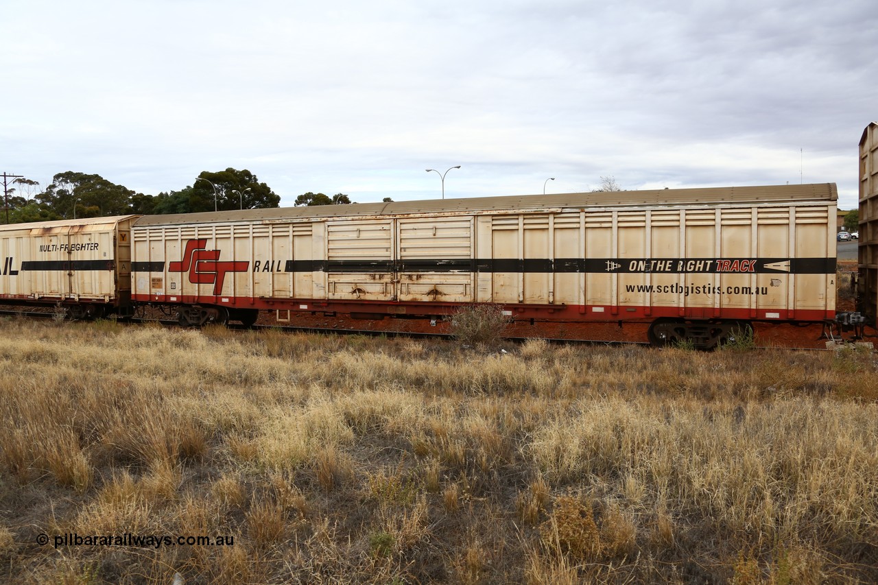 160524 3657
Kalgoorlie, SCT train 2PM9 operating from Perth to Melbourne, ABSY type ABSY 2490 covered van, originally built by Mechanical Handling Ltd SA in 1972 for Commonwealth Railways as VFX type recoded to ABFX and then RBFX to SCT as ABFY before being converted by Gemco WA to ABSY type in 2004/05.
Keywords: ABSY-type;ABSY2490;Mechanical-Handling-Ltd-SA;VFX-type;ABFY-type;