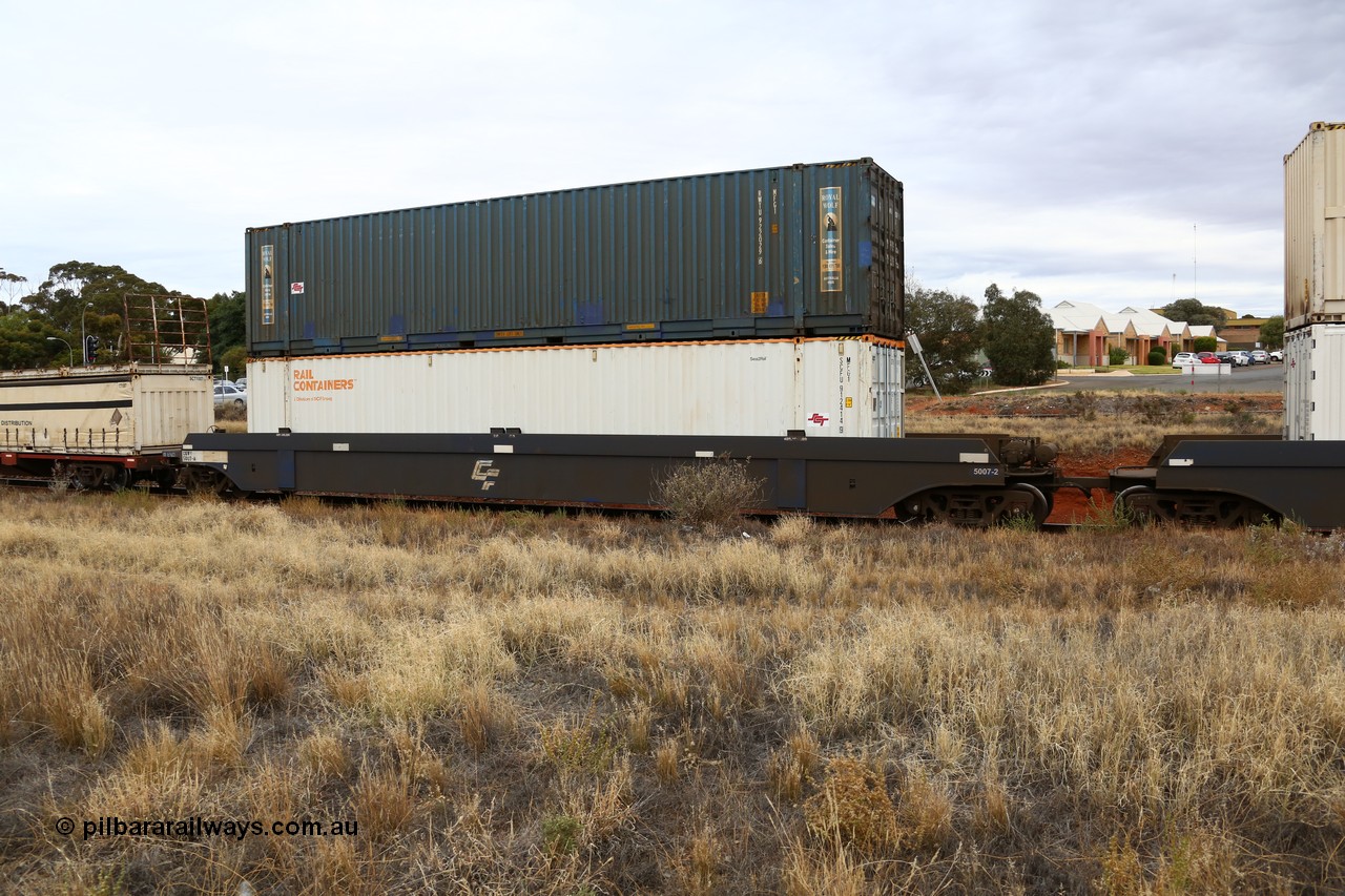 160524 3667
Kalgoorlie, SCT train 2PM9 operating from Perth to Melbourne, CQWY type CQWY 5007-2 with a pair of 48' MFG1 type boxes, Rail Containers SCFU 912414 and Royal Wolf RWTU 922029 both with SCT decals attached. The CQWY was built by Bluebird Rail Operations in South Australia in 2008 as a batch of sixty pairs.
Keywords: CQWY-type;CQWY5007;CFCLA;Bluebird-Rail-Operations-SA;