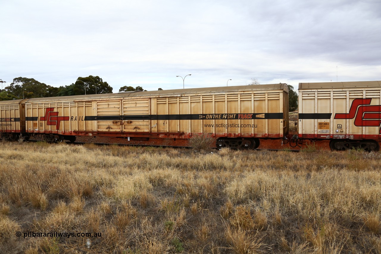 160524 3679
Kalgoorlie, SCT train 2PM9 operating from Perth to Melbourne, ABSY type ABSY 2485 covered van, originally built by Mechanical Handling Ltd SA in 1972 for Commonwealth Railways as VFX type recoded to ABFX and then RBFX to SCT as ABFY before being converted by Gemco WA to ABSY type in 2004/05.
Keywords: ABSY-type;ABSY2485;Mechanical-Handling-Ltd-SA;VFX-type;ABFY-type;