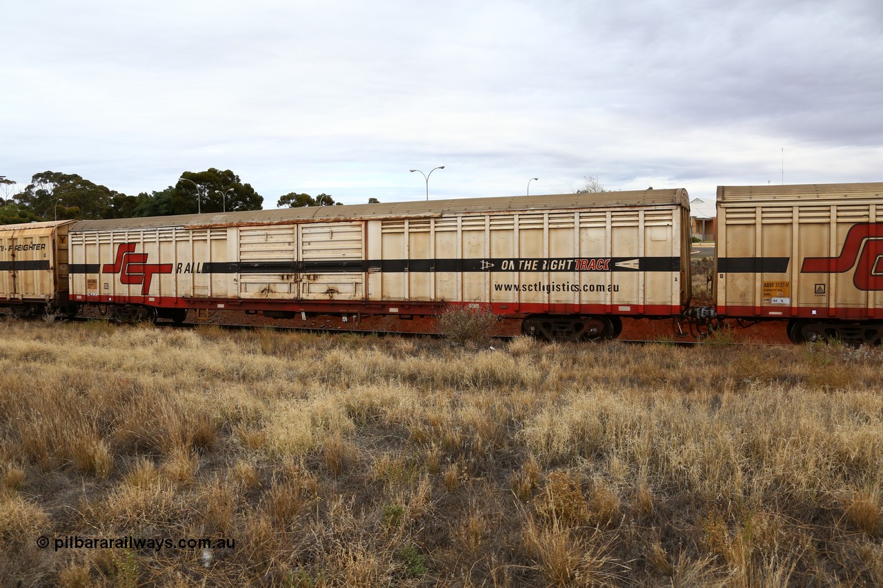 160524 3681
Kalgoorlie, SCT train 2PM9 operating from Perth to Melbourne, ABSY type ABSY 2826 covered van, originally built by Carmor Engineering SA in 1976 as a VFX type covered van for Commonwealth Railways, recoded to ABFX and converted from ABFY by Gemco WA in 2004/05 to ABSY.
Keywords: ABSY-type;ABSY2826;Carmor-Engineering-SA;VFX-type;ABFY-type;