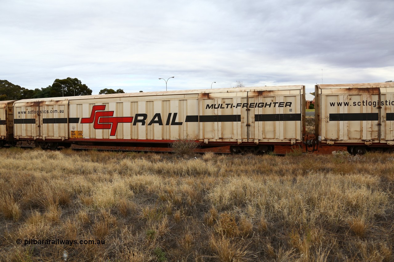 160524 3684
Kalgoorlie, SCT train 2PM9 operating from Perth to Melbourne, PBGY type covered van PBGY 0045 Multi-Freighter, one of eighty two waggons built by Queensland Rail Redbank Workshops in 2005.
Keywords: PBGY-type;PBGY0045;Qld-Rail-Redbank-WS;