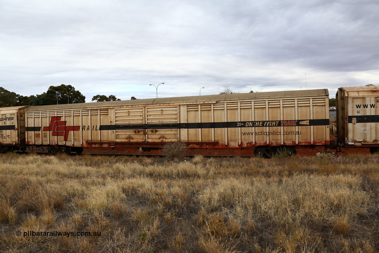 160524 3688
Kalgoorlie, SCT train 2PM9 operating from Perth to Melbourne, ABSY type ABSY 2466 covered van, originally built by Mechanical Handling Ltd SA in 1971 for Commonwealth Railways as VFX type recoded to ABFX and then RBFX to SCT as ABFY before being converted by Gemco WA to ABSY type in 2004/05.
Keywords: ABSY-type;ABSY2466;Mechanical-Handling-Ltd-SA;VFX-type;ABFY-type;