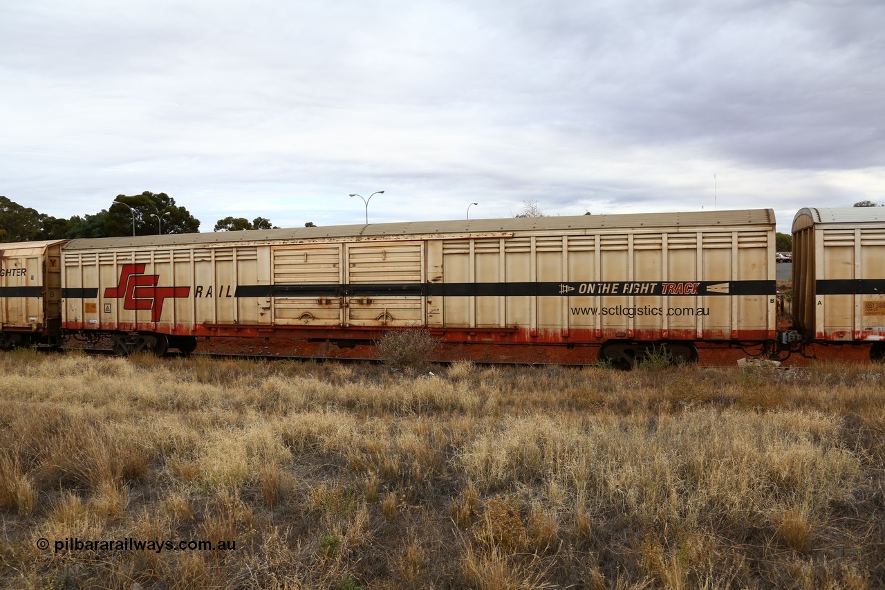160524 3691
Kalgoorlie, SCT train 2PM9 operating from Perth to Melbourne, ABSY type ABSY 4446 covered van, originally built by Comeng WA in 1977 for Commonwealth Railways as VFX type, recoded to ABFX and RBFX to SCT as ABFY before conversion by Gemco WA to ABSY in 2004/05.
Keywords: ABSY-type;ABSY4446;Comeng-WA;VFX-type;ABFX-type;ABFY-type;