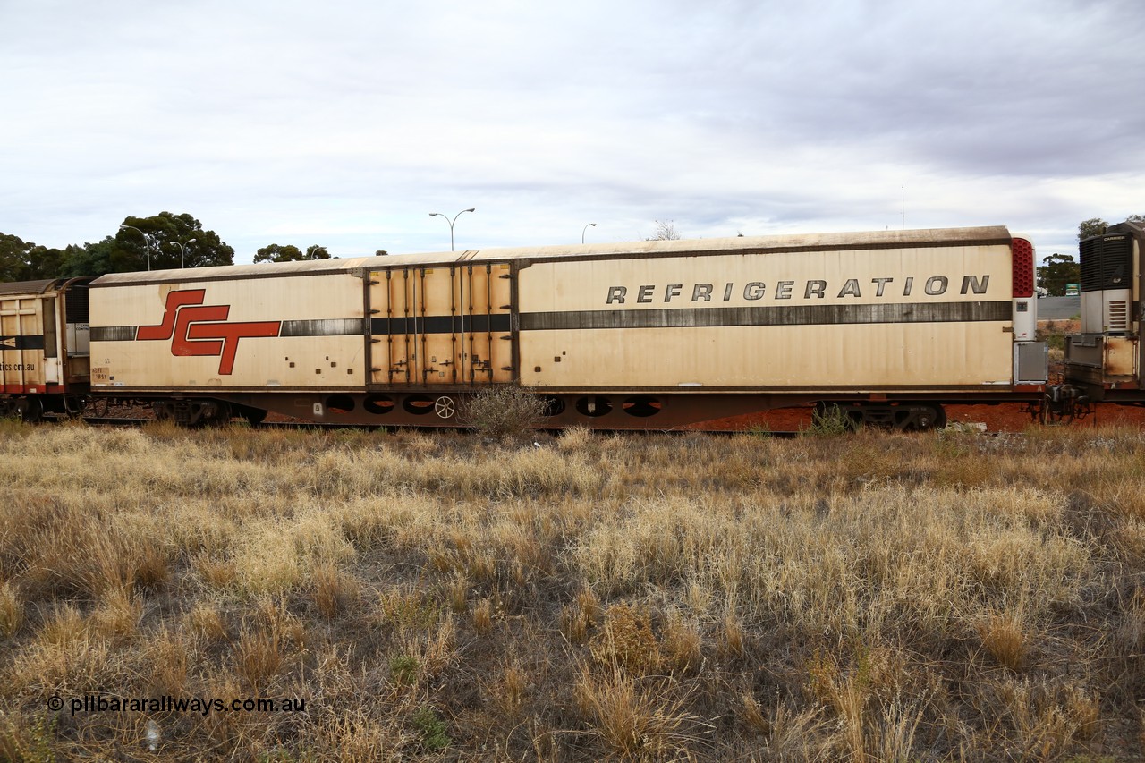 160524 3695
Kalgoorlie, SCT train 2PM9 operating from Perth to Melbourne, ARFY type ARFY 2189 refrigerated van with New Zealand built Fairfax body mounted on an original Commonwealth Railways ROX container waggon built by Comeng Quds in 1970, recoded to AFQX, then AQOX and RQOY before being fitted with the refrigerated body for SCT service circa 1998. 
Keywords: ARFY-type;ARFY2189;Fairfax-NZL;Comeng-Qld;ROX-type;AQOX-type;