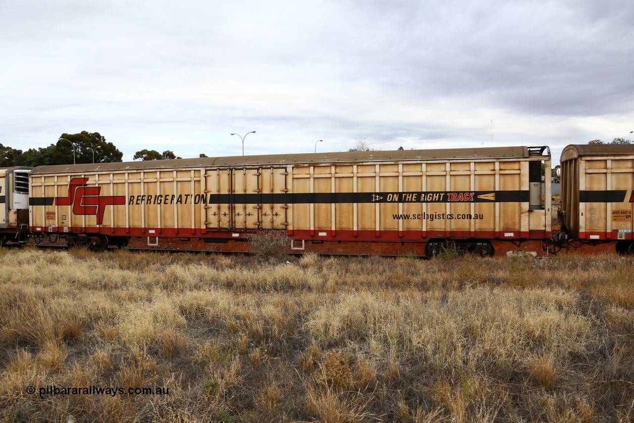 160524 3697
Kalgoorlie, SCT train 2PM9 operating from Perth to Melbourne, ARBY type ARBY 4464 refrigerated van, originally built by Comeng WA in 1977 as a VFX type covered van for Commonwealth Railways, recoded to ABFX and converted from ABFY by Gemco WA in 2004/05 to ARBY.
Keywords: ARBY-type;ARBY4464;Comeng-WA;VFX-type;ABFY-type;