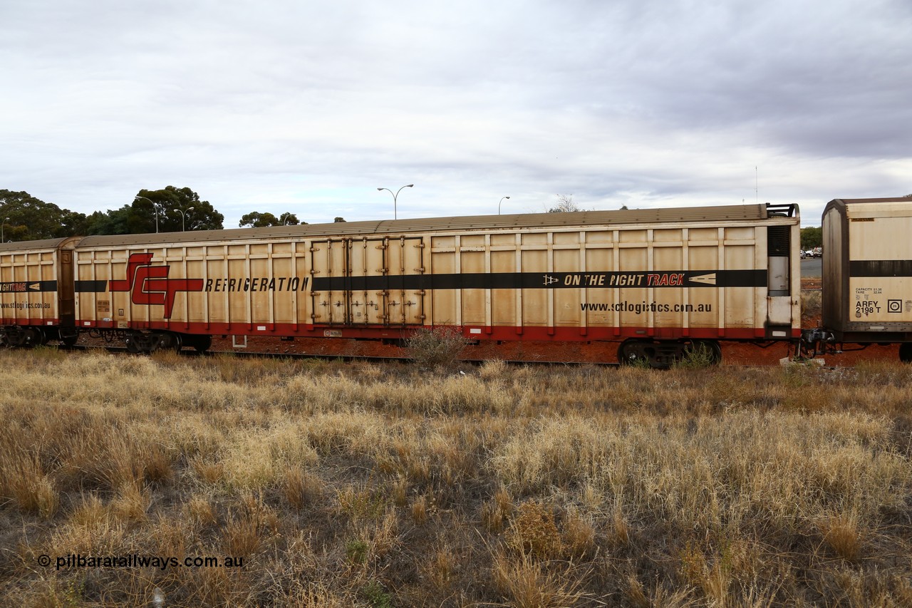 160524 3699
Kalgoorlie, SCT train 2PM9 operating from Perth to Melbourne, ARBY type ARBY 3094 refrigerated van, originally built by Comeng WA in 1977 as a VFX type covered van for Commonwealth Railways, recoded to ABFX, RBFX and finally converted from ABFY by Gemco WA in 2004/05 to ARBY.
Keywords: ARBY-type;ARBY3094;Comeng-WA;VFX-type;