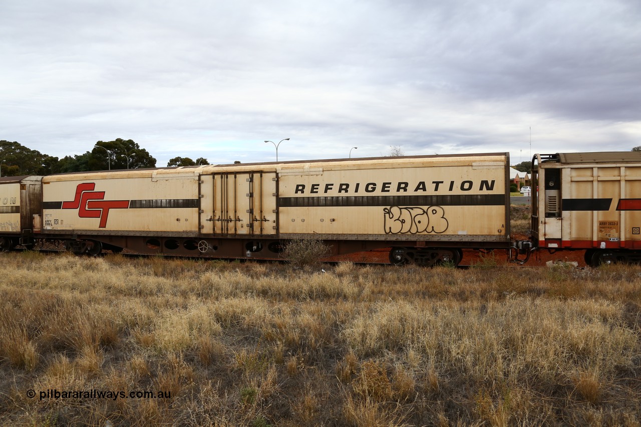 160524 3701
Kalgoorlie, SCT train 2PM9 operating from Perth to Melbourne, ARFY type ARFY 2389 refrigerated van with a Ballarat built Maxi-CUBE body mounted on an original Commonwealth Railways ROX container waggon built by Perry Engineering SA in 1971, recoded to AQOX, AQOY and RQOY before having the Maxi-CUBE refrigerated body added circa 1998 for SCT service.
Keywords: ARFY-type;ARFY2389;Maxi-Cube;Perry-Engineering-SA;ROX-type;AQOX-type;