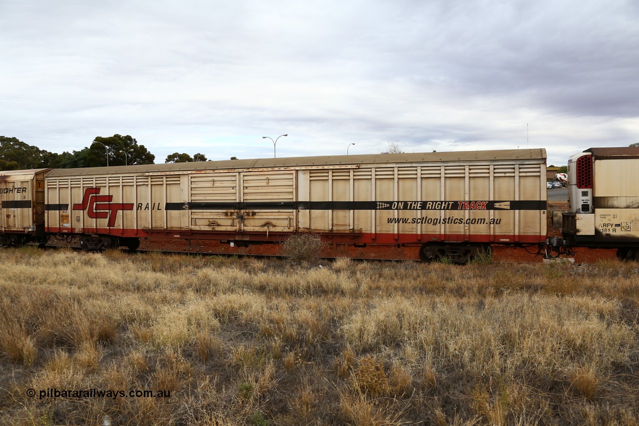 160524 3703
Kalgoorlie, SCT train 2PM9 operating from Perth to Melbourne, ABSY type ABSY 2662 covered van, originally built by Comeng NSW in 1973 for Commonwealth Railways as VFX type, recoded to ABFX and RBFX to SCT as ABFY before conversion by Gemco WA to ABSY in 2004/05.
Keywords: ABSY-type;ABSY2662;Comeng-NSW;VFX-type;