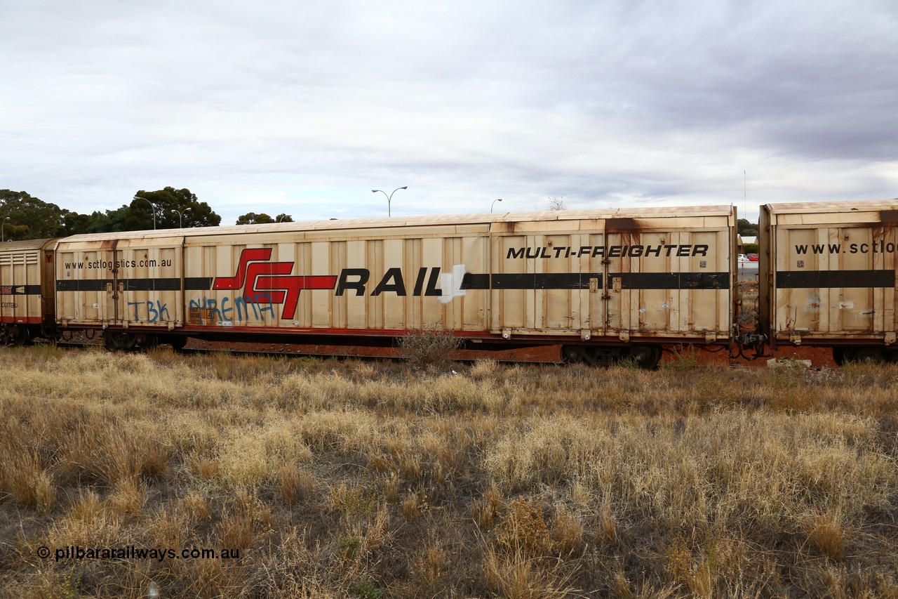 160524 3705
Kalgoorlie, SCT train 2PM9 operating from Perth to Melbourne, PBGY type covered van PBGY 0030 Multi-Freighter, one of eighty two waggons built by Queensland Rail Redbank Workshops in 2005.
Keywords: PBGY-type;PBGY0030;Qld-Rail-Redbank-WS;