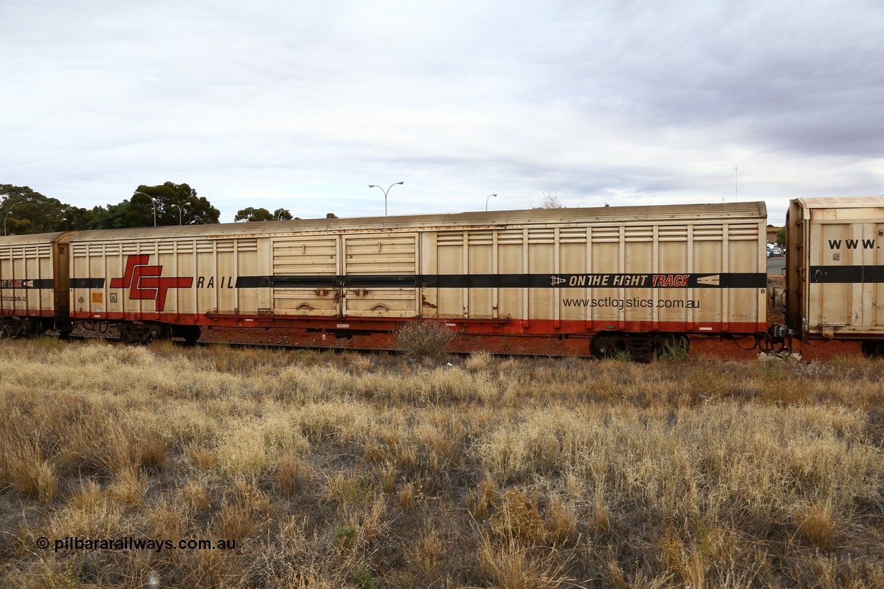 160524 3706
Kalgoorlie, SCT train 2PM9 operating from Perth to Melbourne, ABSY type ABSY 4414 covered van, originally built by Comeng WA in 1977 for Commonwealth Railways as VFX type, recoded to ABFX and RBFX to SCT as ABFY before conversion by Gemco WA to ABSY in 2004/05.
Keywords: ABSY-type;ABSY4414;Comeng-WA;VFX-type;ABFX-type;ABFY-type;