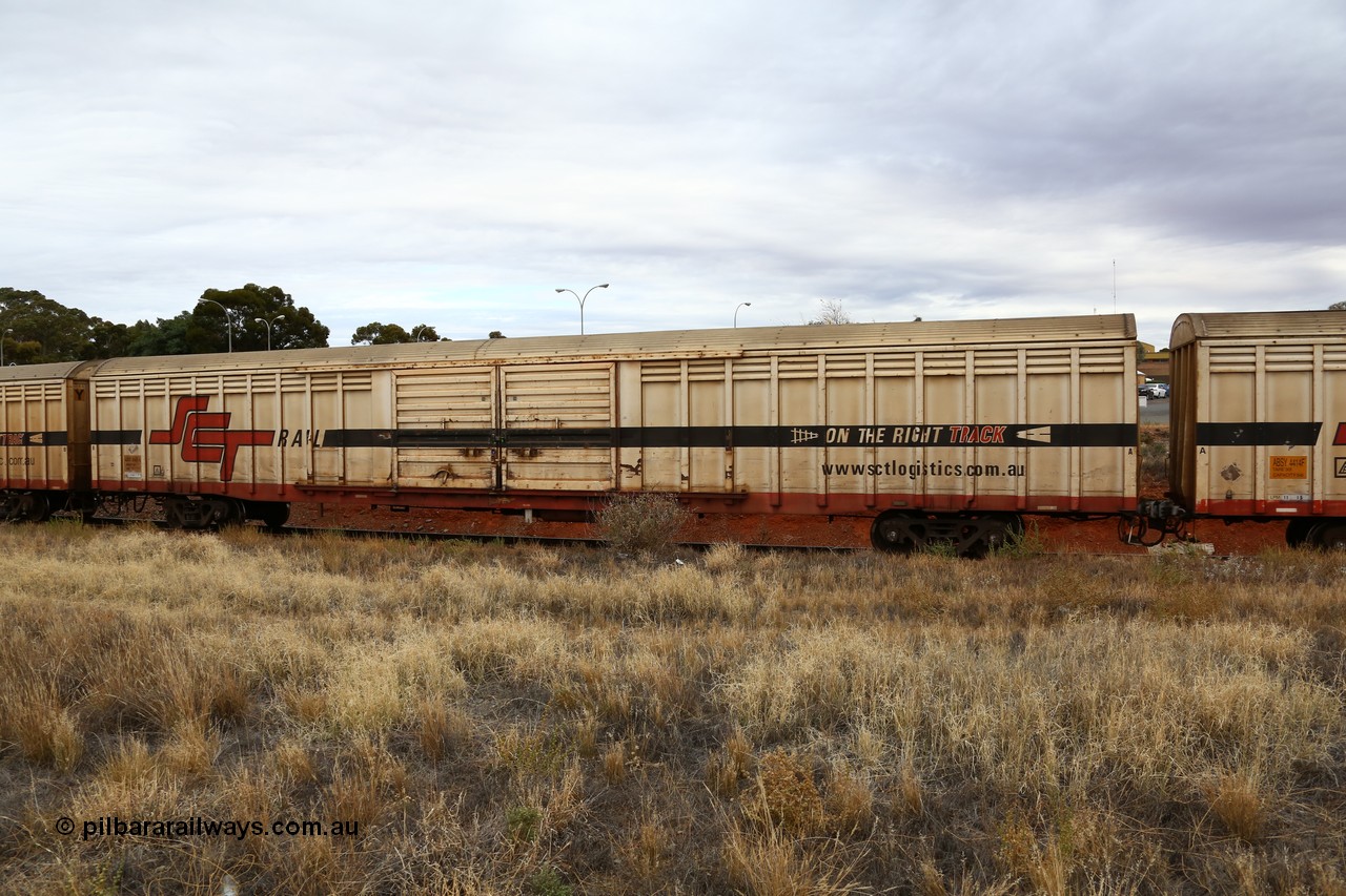 160524 3707
Kalgoorlie, SCT train 2PM9 operating from Perth to Melbourne, ABSY type ABSY 2455 covered van, originally built by Mechanical Handling Ltd SA in 1971 for Commonwealth Railways as VFX type recoded to ABFX and then RBFX to SCT as ABFY before being converted by Gemco WA to ABSY type in 2004/05.
Keywords: ABSY-type;ABSY2455;Mechanical-Handling-Ltd-SA;VFX-type;ABFX-type;RBFY-type;ABFY-type;