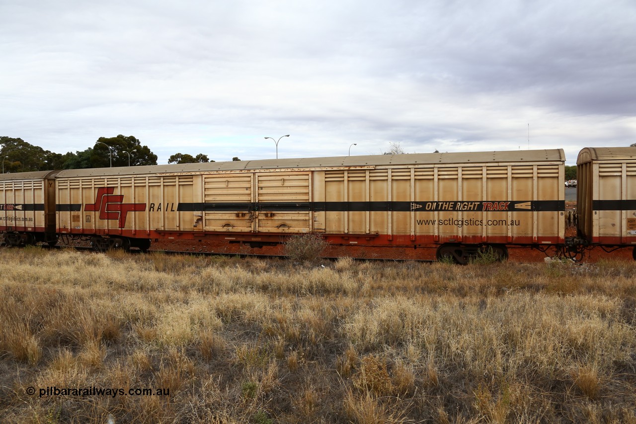 160524 3708
Kalgoorlie, SCT train 2PM9 operating from Perth to Melbourne, ABSY type ABSY 4458 covered van, originally built by Comeng WA in 1977 for Commonwealth Railways as VFX type, recoded to ABFX and RBFX to SCT as ABFY before conversion by Gemco WA to ABSY in 2004/05.
Keywords: ABSY-type;ABSY4458;Comeng-WA;VFX-type;ABFY-type;