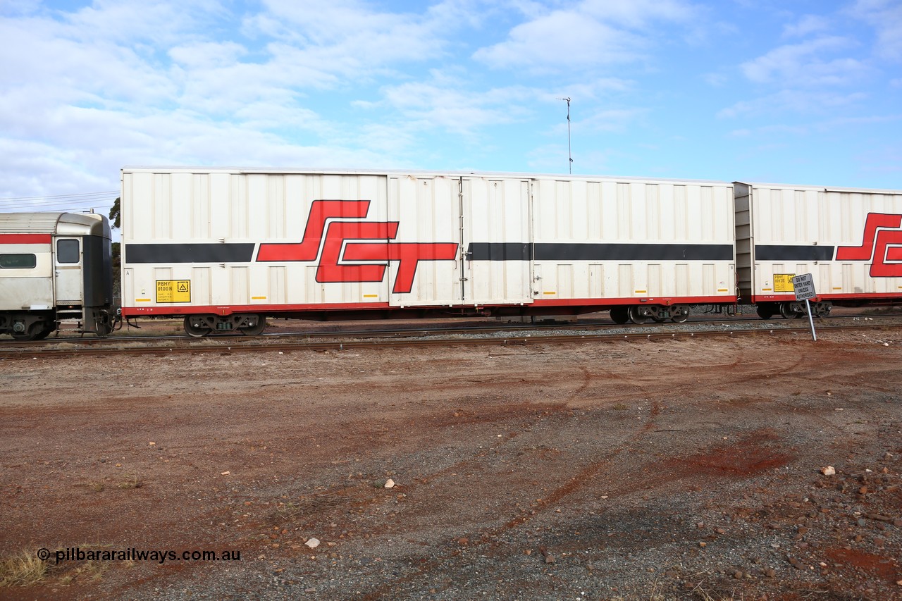 160525 4556
Parkeston, SCT train 3PG1 which operates from Perth to Parkes NSW (Goobang Junction), PBHY type covered van PBHY 0100 Greater Freighter, built by CSR Meishan Rolling Stock Co China in 2014 without the Greater Freighter signage.
Keywords: PBHY-type;PBHY0100;CSR-Meishan-China;