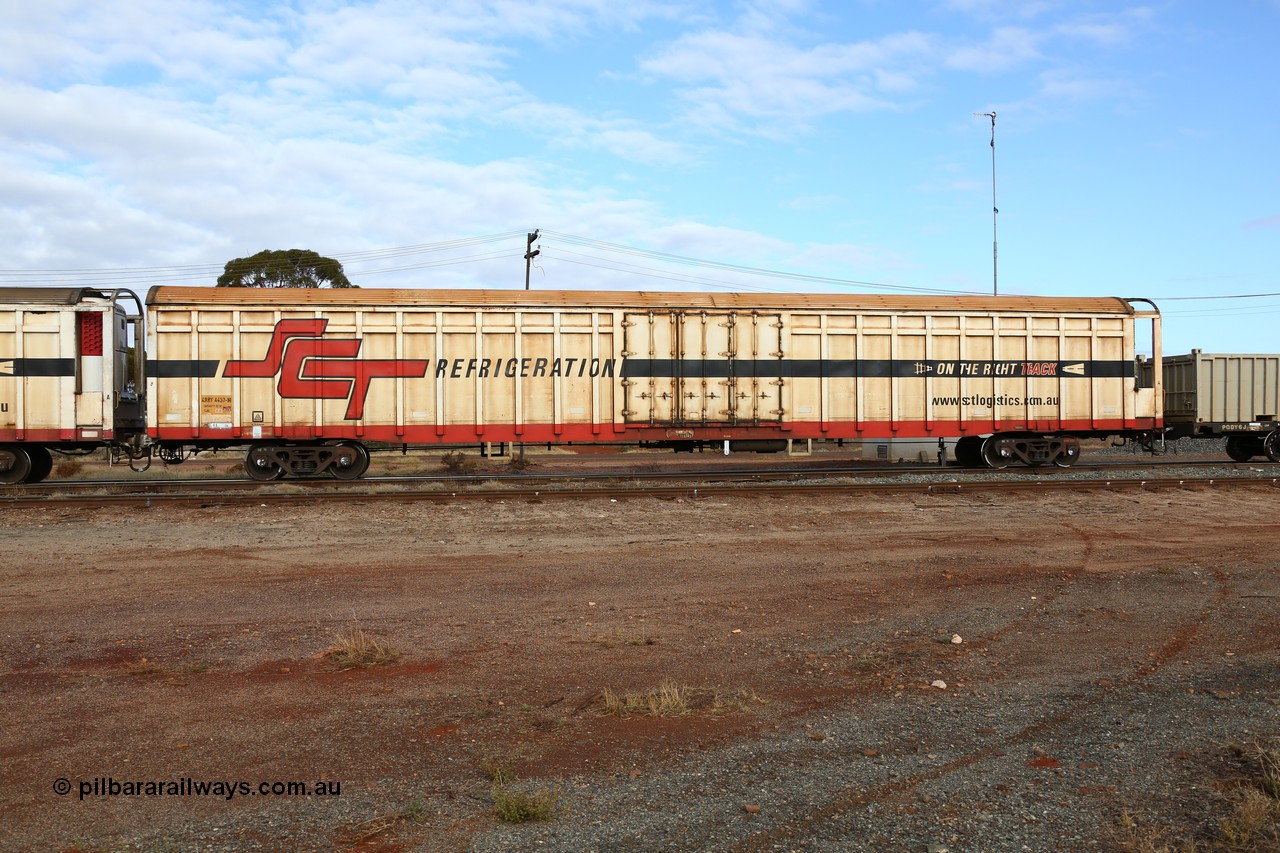 160525 4577
Parkeston, SCT train 3PG1 which operates from Perth to Parkes NSW (Goobang Junction), ARBY type ARBY 4430 refrigerated van, originally built by Comeng WA in 1977 as a VFX type covered van for Commonwealth Railways, recoded to ABFX and converted from ABFY by Gemco WA in 2004/05 to ARBY.
Keywords: ARBY-type;ARBY4430;Comeng-WA;VFX-type;
