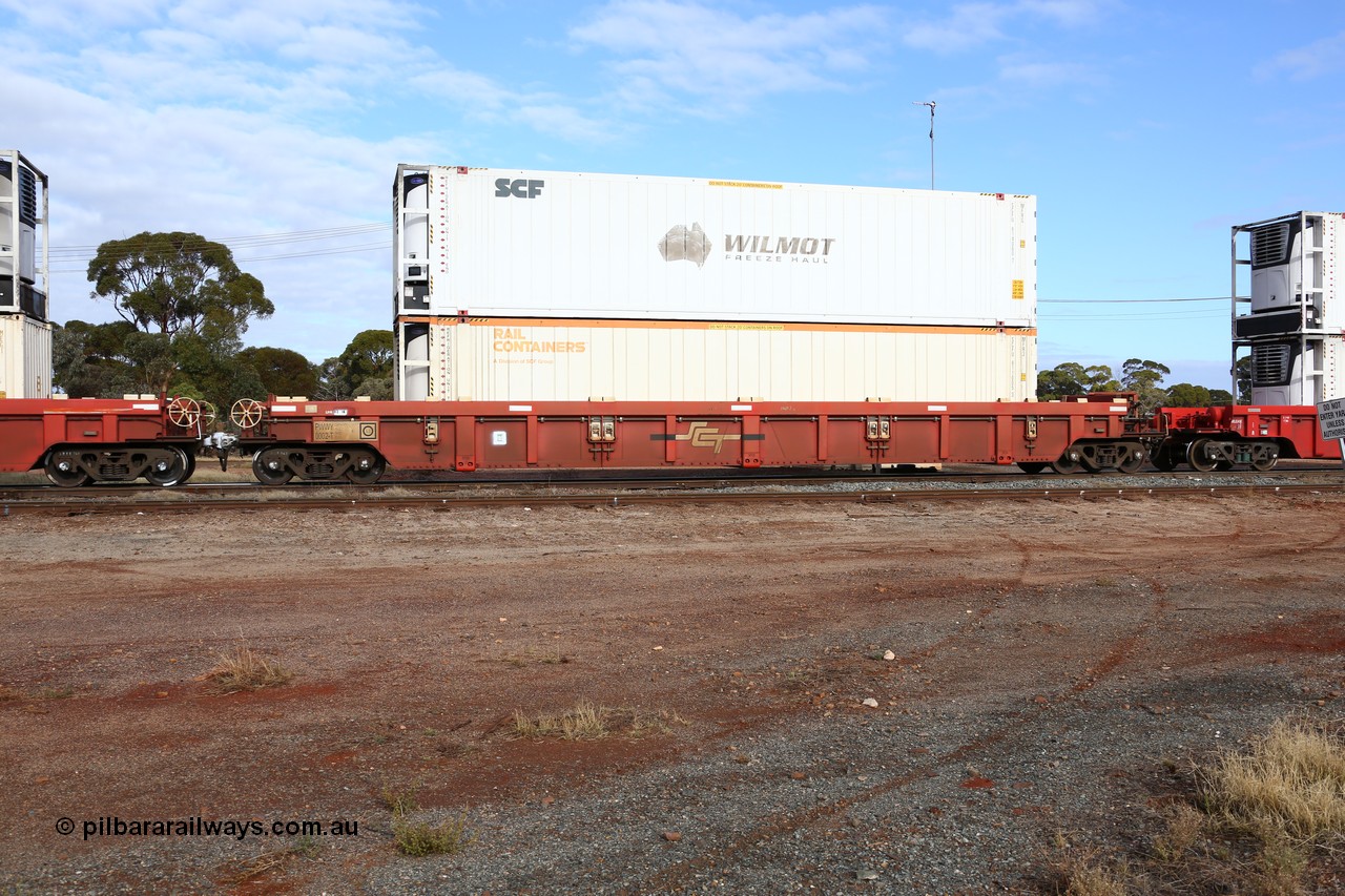 160525 4582
Parkeston, SCT train 3PG1 which operates from Perth to Parkes NSW (Goobang Junction), PWWY type PWWY 0002 one of forty well waggons built by Bradken NSW for SCT, loaded with a 48' MFR3 type Rail Containers reefer SCFU 811005 and a 48' MFRG type former Wilmot Freeze Haul reefer, now SCFU 814060.
Keywords: PWWY-type;PWWY0002;Bradken-NSW;
