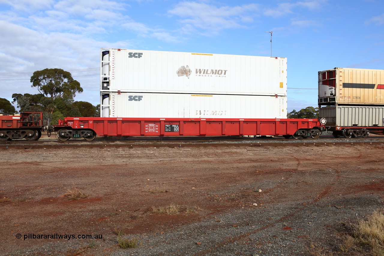 160525 4583
Parkeston, SCT train 3PG1 which operates from Perth to Parkes NSW (Goobang Junction), PWXY type PWXY 0005 one of twelve well waggons built by CSR Meishan Rolling Stock Co of China for SCT in 2008, loaded with two former Wilmot Freeze Haul 48' MFRG type reefer containers, now SCF units SCFU 814058 and SCFU 814042.
Keywords: PWXY-type;PWXY0005;CSR-Meishan-China;
