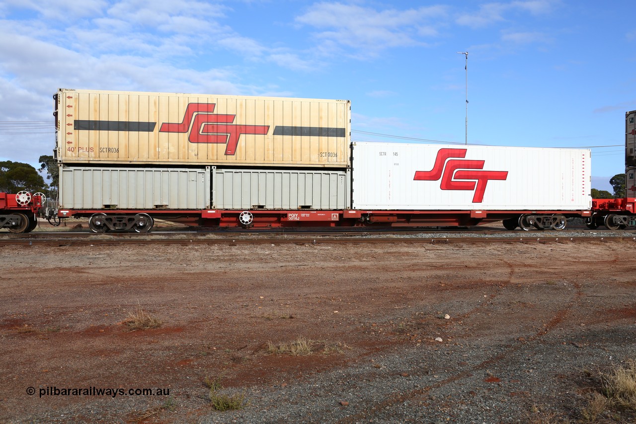 160525 4584
Parkeston, SCT train 3PG1 which operates from Perth to Parkes NSW (Goobang Junction), PQIY type PQIY 0016 one of forty 80' container waggons built by Gemco WA, loaded with two 20' open top half height containers WH 18 and WH 27, and two 40' SCT RFRA type reefers SCTR 036 and SCTR 145.
Keywords: PQIY-type;PQIY0016;Gemco-WA;