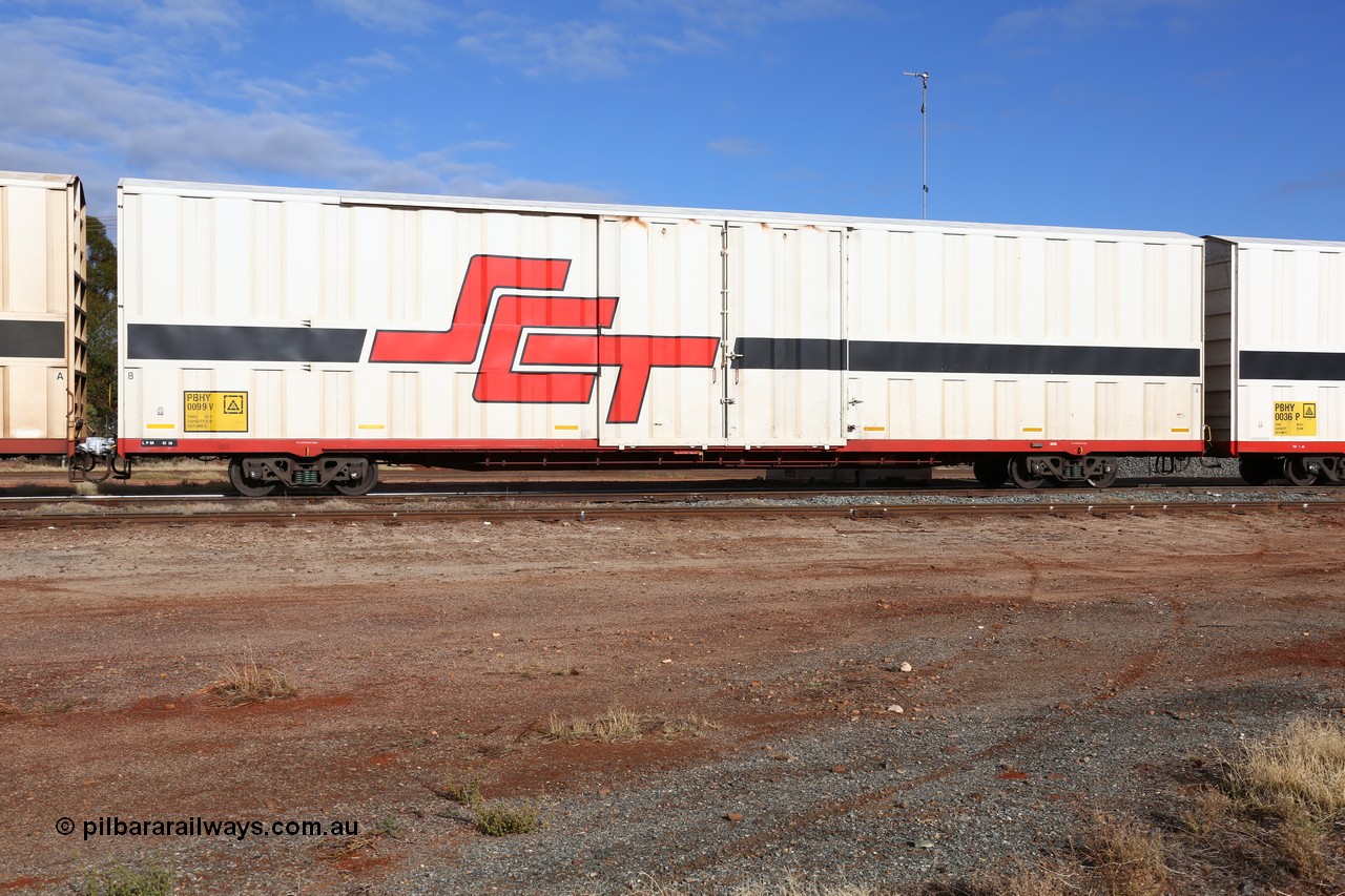 160525 4602
Parkeston, SCT train 3PG1 which operates from Perth to Parkes NSW (Goobang Junction), PBHY type covered van PBHY 0099 Greater Freighter, built by CSR Meishan Rolling Stock Co China in 2014 without the Greater Freighter signage.
Keywords: PBHY-type;PBHY0099;CSR-Meishan-China;