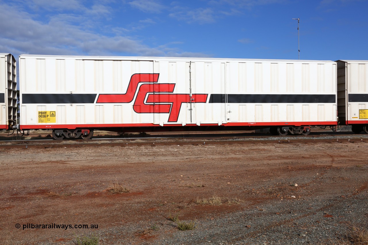 160525 4603
Parkeston, SCT train 3PG1 which operates from Perth to Parkes NSW (Goobang Junction), PBHY type covered van PBHY 0036 Greater Freighter, first of a second batch of thirty units built by Gemco WA.
Keywords: PBHY-type;PBHY0036;Gemco-WA;