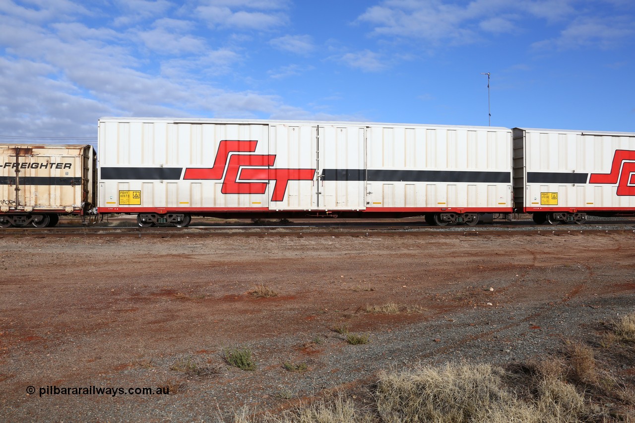 160525 4613
Parkeston, SCT train 3PG1 which operates from Perth to Parkes NSW (Goobang Junction), PBHY type covered van PBHY 0097 Greater Freighter, built by CSR Meishan Rolling Stock Co China in 2014 without the Greater Freighter signage.
Keywords: PBHY-type;PBHY0097;CSR-Meishan-China;