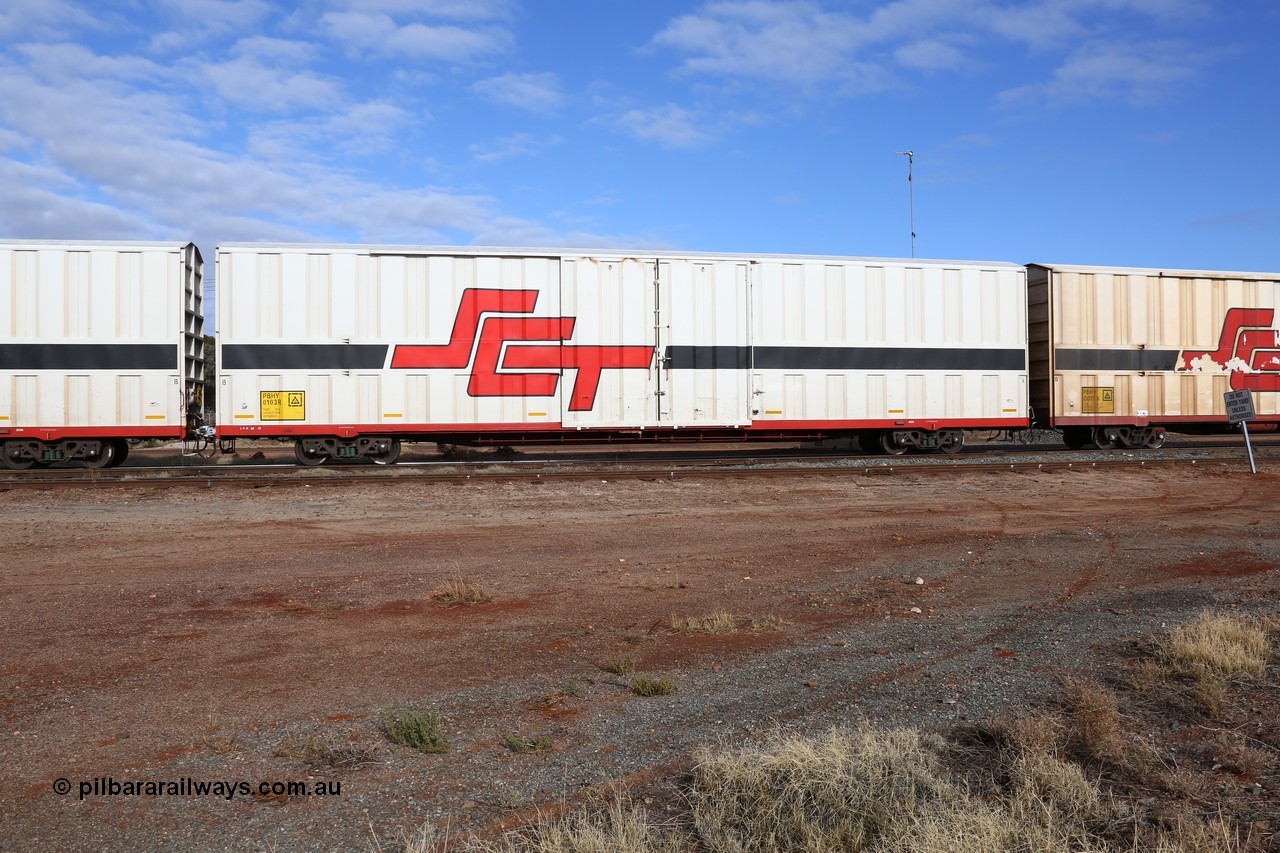 160525 4614
Parkeston, SCT train 3PG1 which operates from Perth to Parkes NSW (Goobang Junction), PBHY type covered van PBHY 0103 Greater Freighter, built by CSR Meishan Rolling Stock Co China in 2014 without the Greater Freighter signage.
Keywords: PBHY-type;PBHY0103;CSR-Meishan-China;