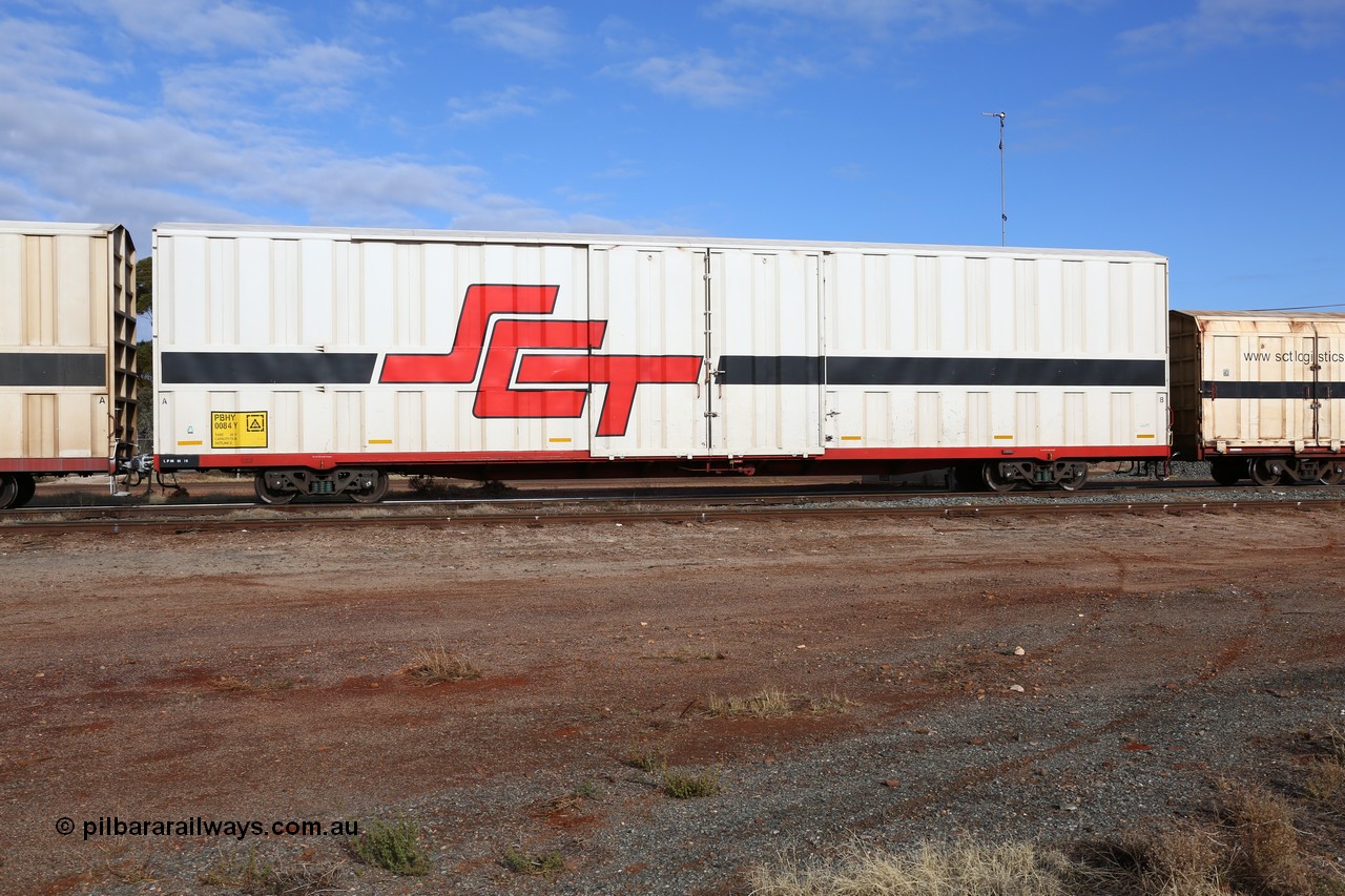 160525 4616
Parkeston, SCT train 3PG1 which operates from Perth to Parkes NSW (Goobang Junction), PBHY type covered van PBHY 0084 Greater Freighter, built by CSR Meishan Rolling Stock Co China in 2014 without the Greater Freighter signage.
Keywords: PBHY-type;PBHY0084;CSR-Meishan-China;