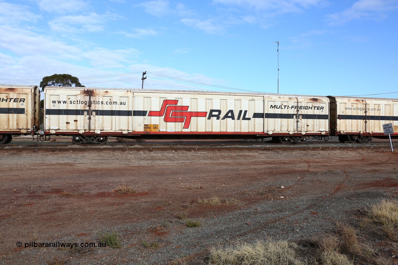 160525 4625
Parkeston, SCT train 3PG1 which operates from Perth to Parkes NSW (Goobang Junction), PBGY type covered van PBGY 0008 Multi-Freighter, one of eighty two waggons built by Queensland Rail Redbank Workshops in 2005.
Keywords: PBGY-type;PBGY0008;Qld-Rail-Redbank-WS;