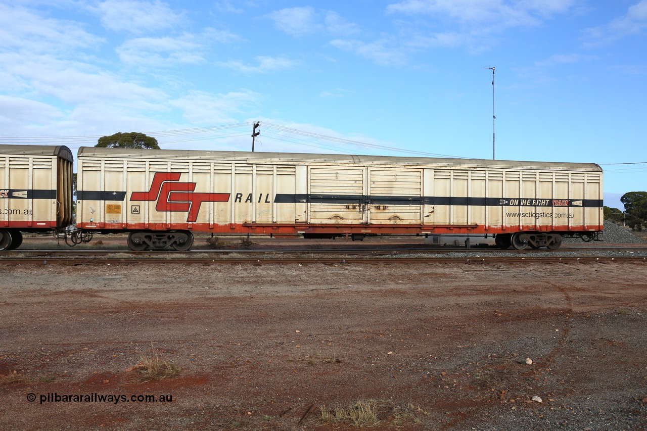 160525 4628
Parkeston, SCT train 3PG1 which operates from Perth to Parkes NSW (Goobang Junction), ABSY type ABSY 3089 covered van, originally built by Comeng WA in 1977 for Commonwealth Railways as VFX type, recoded to ABFX and ABFY before conversion by Gemco WA to ABSY.
Keywords: ABSY-type;ABSY3089;Comeng-WA;VFX-type;ABFY-type;