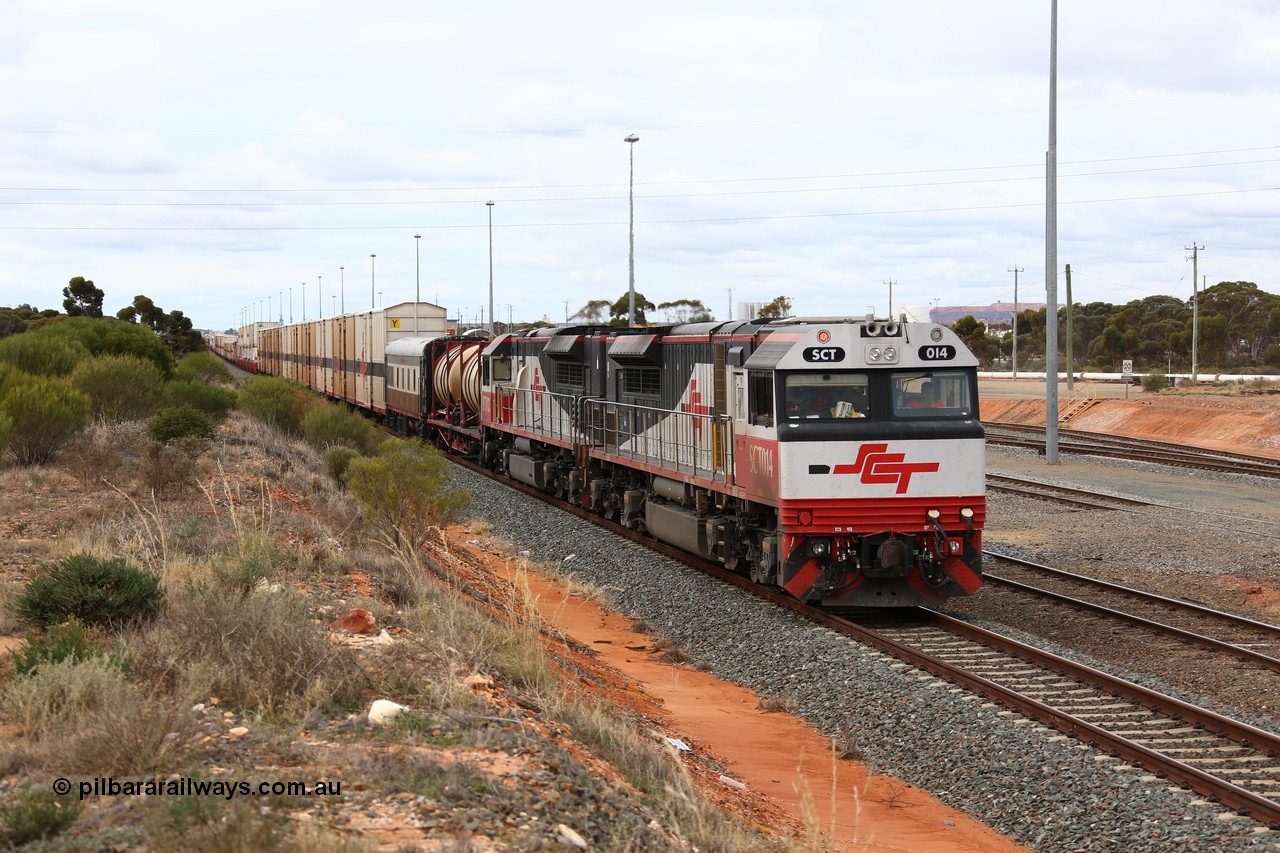 160526 5278
West Kalgoorlie, SCT train 3MP9 operating from Melbourne to Perth, with 76 waggons for 5709.8 tonnes and 1795 metres with EDI Downer built EMD model GT46C-ACe unit SCT 014 serial 08-1738 on the point with sister unit SCT 012 as they hold the mainline in West Kalgoorlie waiting for the Prospector railcar to cross.
Keywords: SCT-class;SCT014;08-1738;EDI-Downer;EMD;GT46C-ACe;