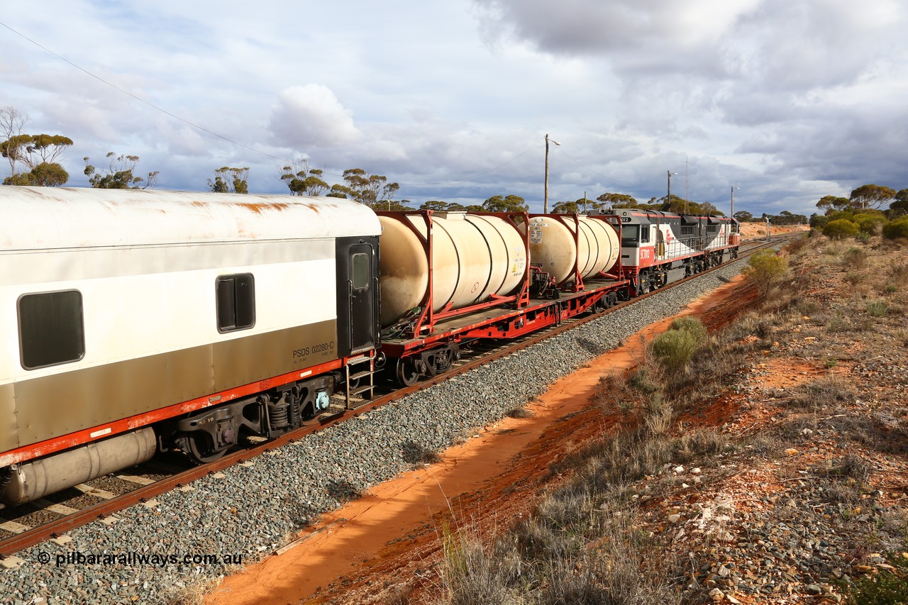 160526 5292
West Kalgoorlie, SCT train 3MP9 operating from Melbourne to Perth, SCT inline refuelling waggon PQFY type PQFY 4341 originally built by Perry Engineering SA in 1977 for Commonwealth Railways as an RMX type container waggon, with SCT - Logicoil AMT5 type tank-tainers TILU 102025 and TILU 102021.
Keywords: PQFY-type;PQFY4341;Perry-Engineering-SA;RMX-type;