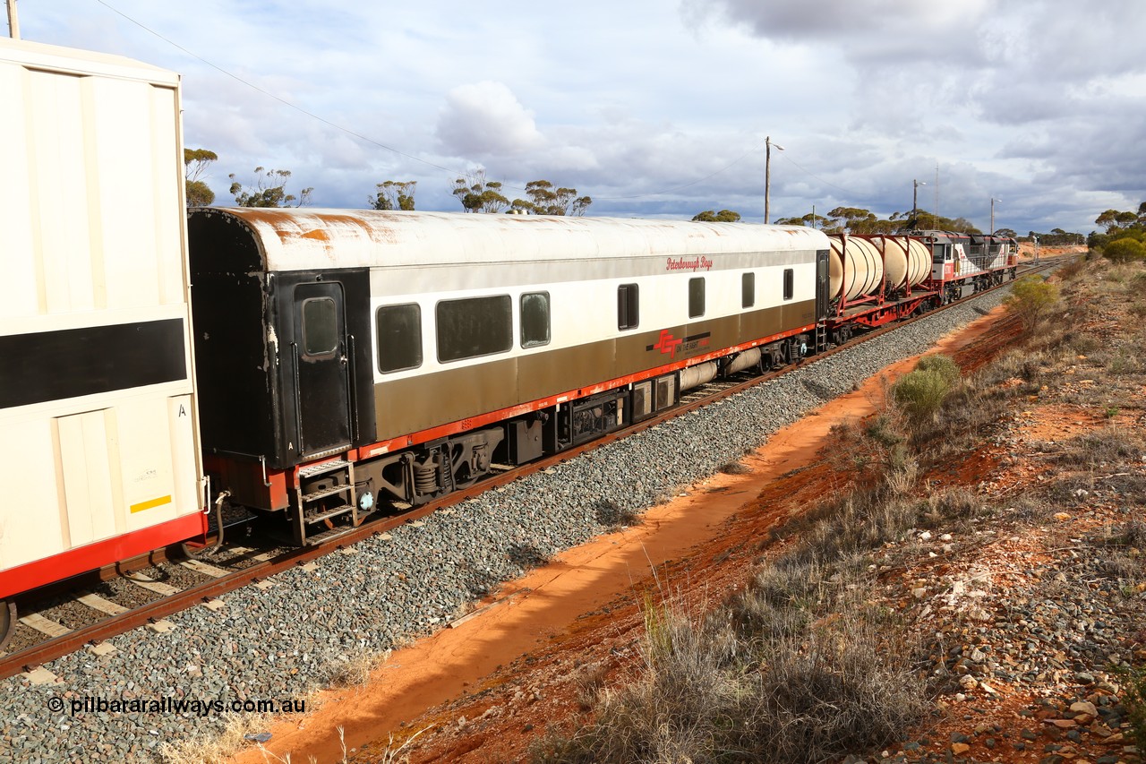 160526 5293
West Kalgoorlie, SCT train 3MP9 operating from Melbourne to Perth, SCT crew accommodation coach PSDS class PSDS 02280 'Peterborough Boys' converted by Gemco WA in 2008 from former Comeng NSW built SDS class sitting car SDS 2280 for the NSWGR.
Keywords: PSDS-type;PSDS02280;Comeng-NSW;SDS-class;